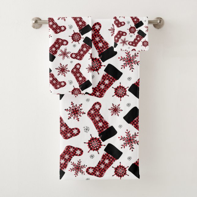 Rustic Buffalo Plaid Stocking Snowflakes Christmas Bath Towel Set (Insitu)