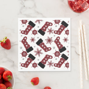 Rustic Buffalo Plaid Stocking Snowflakes Christmas Napkin