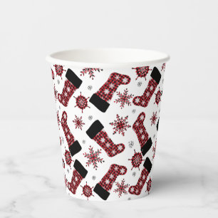 Rustic Buffalo Plaid Stocking Snowflakes Christmas Paper Cups
