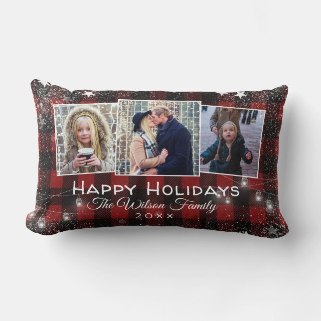 Rustic Buffalo Plaid String Lights Holiday Photo Lumbar Cushion (Front)