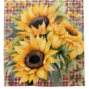Rustic Buffalo Plaid Sunflowers Shower Curtain