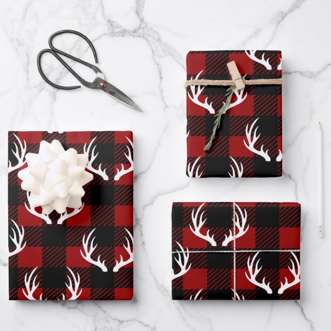 Rustic Buffalo Plaid & White Deer Antlers Wrapping Paper Sheet (Front)