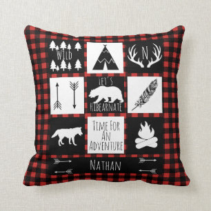 Rustic Buffalo Plaid Wilderness Animals & Name Cushion