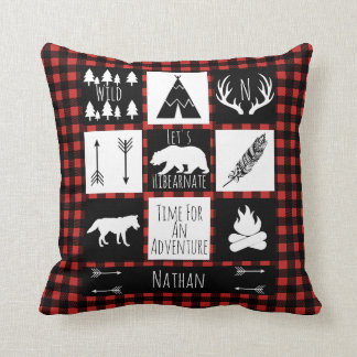Rustic Buffalo Plaid Wilderness Animals & Name Cushion