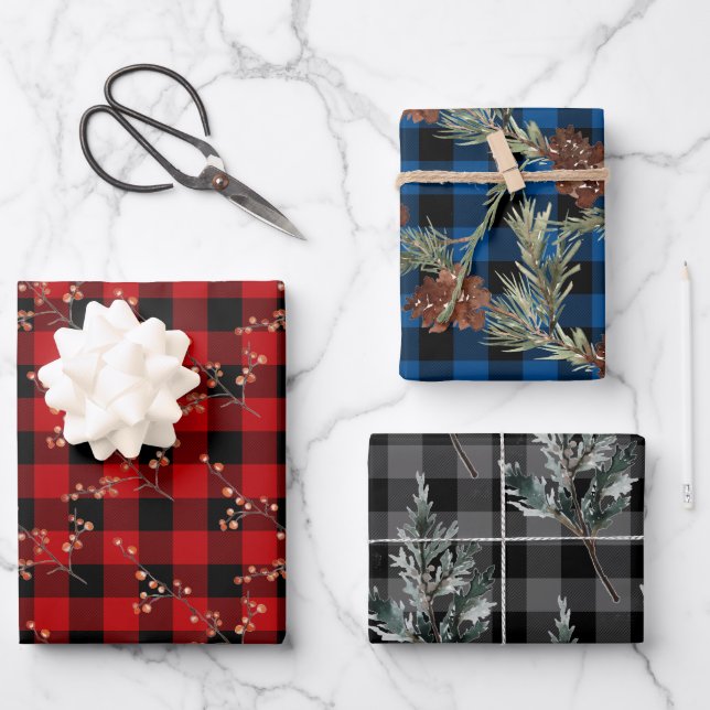 Rustic Buffalo Plaid Winter Spruce Cones & Berries Wrapping Paper Sheet (Front)
