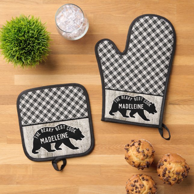 Rustic Buffalo Plaid Wood Cabin Black Bear Custom Oven Mitt & Pot Holder Set (Top Down)