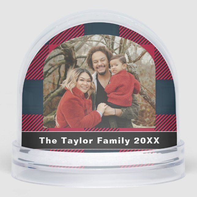 Rustic Buffalo Red & Black Plaid Family Photo Snowglobe (Front)