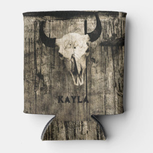 Rustic buffalo skull with horns against barn can cooler