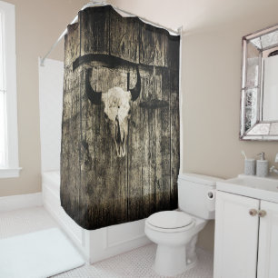 Rustic buffalo skull with horns against barn shower curtain