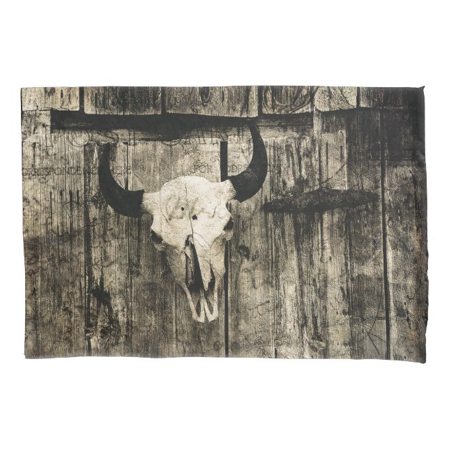 Rustic buffalo skull with horns on a barn pillowcase (Front-Left)