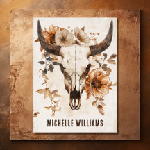 Rustic Bull Cow Skull and Flowers Boho Western