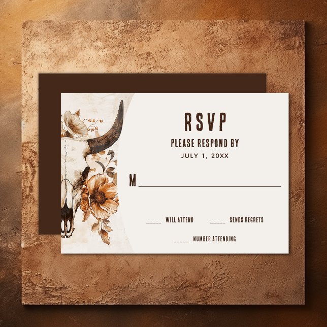 Rustic Bull Cow Skull Floral Boho Western Wedding RSVP Card (Rustic Bull Cow Skull and Flowers Boho Western RSVP Card)