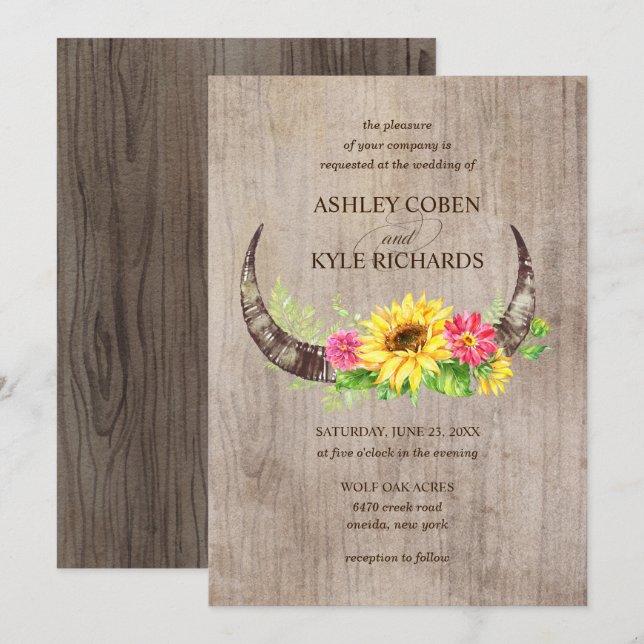 Rustic Bull Horns and Flowers Wedding Invitation (Front/Back)
