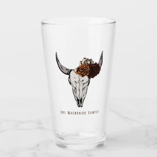 Rustic Bull Skull and Roses Family Name Glass