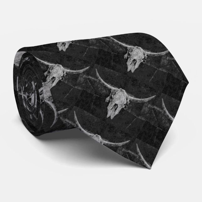 Rustic Bull Skull Black Country Western Texture Tie (Rolled)