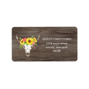 Rustic Bull Skull on Dark Wood with Sunflowers Label