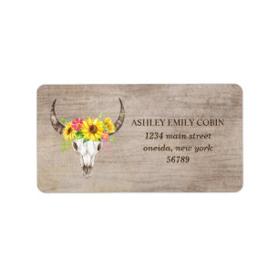 Rustic Bull Skull on Light Wood with Sunflowers Label