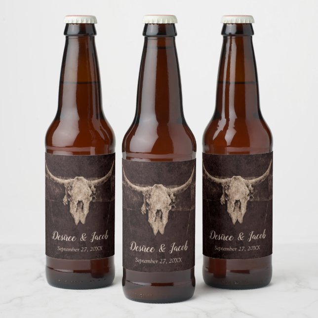 Rustic Bull Skull Wedding Country Western Texture  Beer Bottle Label (Bottles)