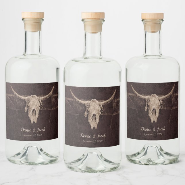Rustic Bull Skull Wedding Country Western Texture Liquor Bottle Label (Bottles)