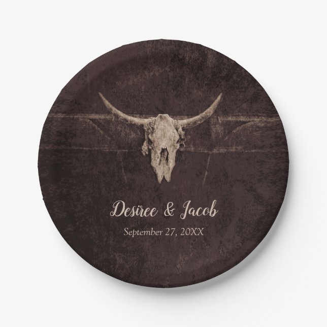 Rustic Bull Skull Wedding Country Western Texture Paper Plate (Front)