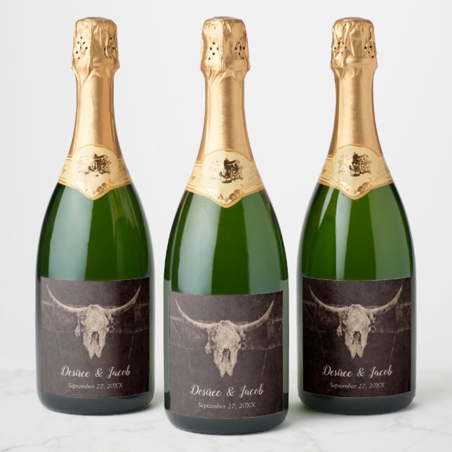Rustic Bull Skull Wedding Country Western Texture Sparkling Wine Label (Bottles)