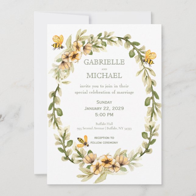 Rustic Bumble Bee Floral Wedding Invitation (Front)