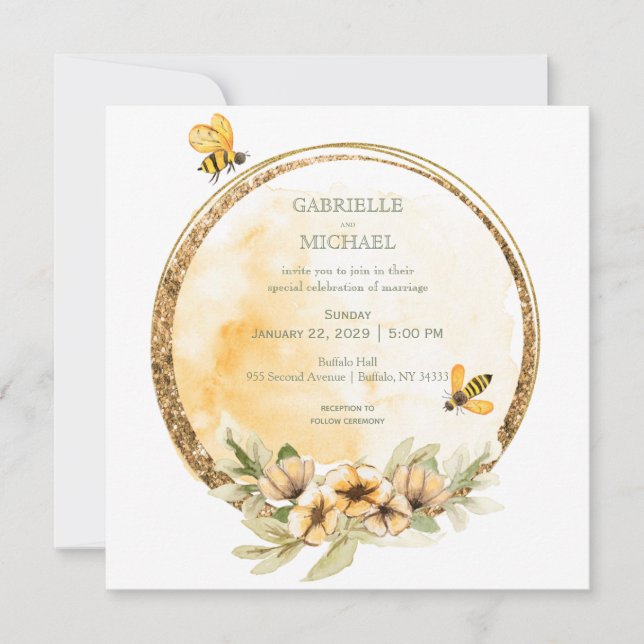 Rustic Bumble Bee Floral Wedding Invitation (Front)