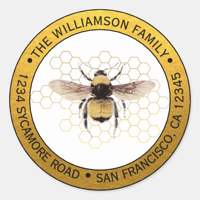 Rustic BumbleBee Round Return Address Gold Classic Round Sticker (Front)