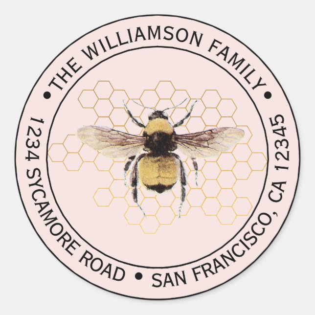 Rustic BumbleBee Round Return Address Pink Classic Round Sticker (Front)