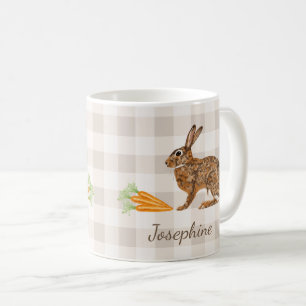 Rustic Bunny And Carrots With Name Beige Gingham Coffee Mug