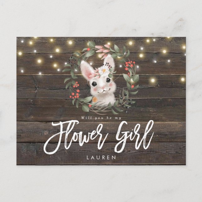 rustic bunny floral will you be my flower girl announcement postcard (Front)