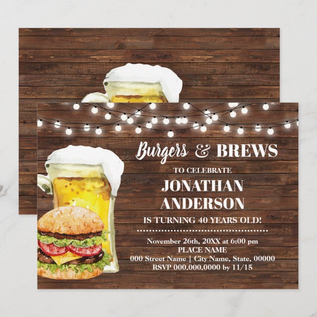 Rustic Burger & Brews Adults Birthday Invitation (Front/Back)