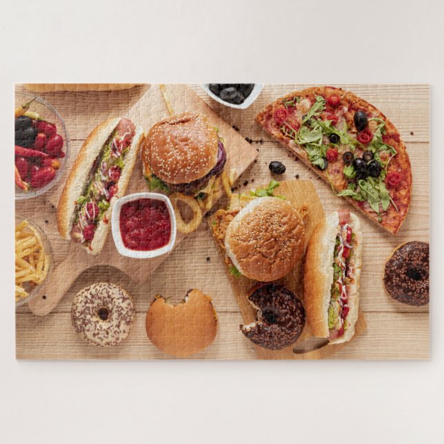 Rustic Burger Hot dog Pizza French Fries Doughnut Jigsaw Puzzle (Horizontal)