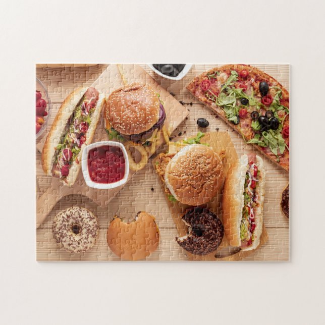 Rustic Burger Hot dog Pizza French Fries Doughnut Jigsaw Puzzle (Horizontal)