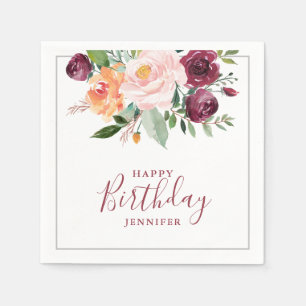 Rustic Burgunday Pink Floral Birthday Party Napkin