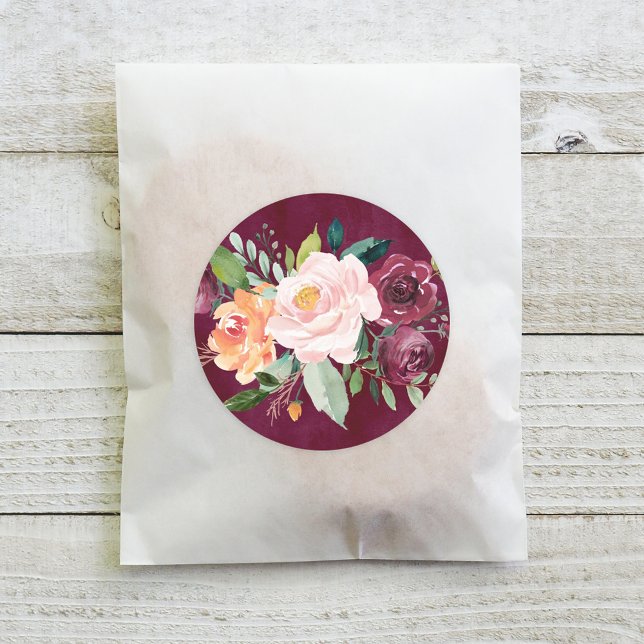 Rustic Burgundy and Blush Fall Floral Wedding Classic Round Sticker (Creator Uploaded)