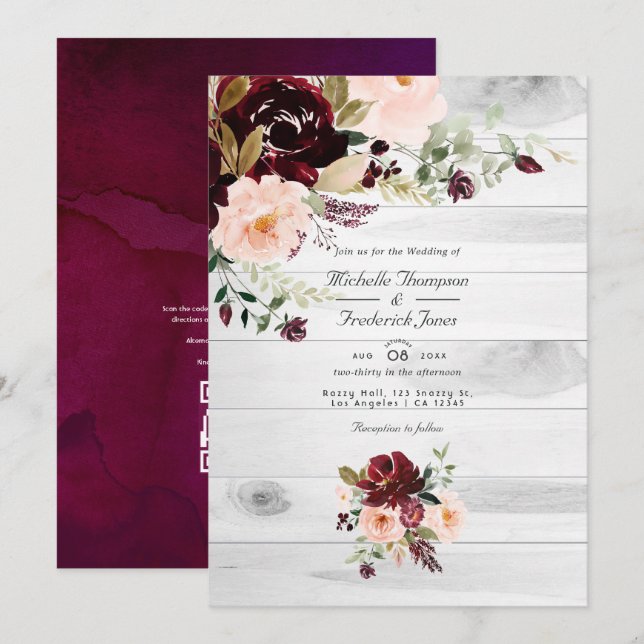 Rustic Burgundy and Blush Floral QR Code Wedding Invitation (Front/Back)