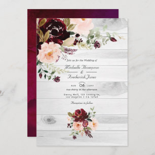 Rustic Burgundy and Blush Floral QR Code Wedding Invitation