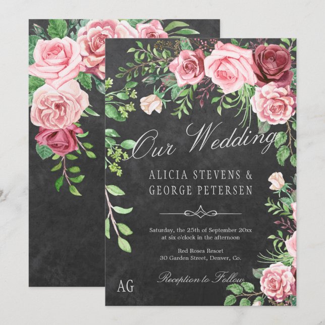 Rustic Burgundy and Blush Roses Monogram Wedding Invitation (Front/Back)