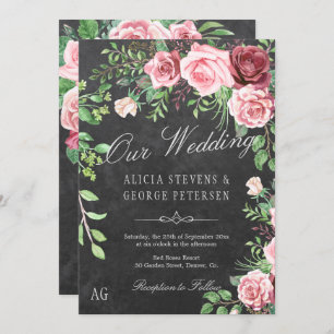 Rustic Burgundy and Blush Roses Monogram Wedding Invitation