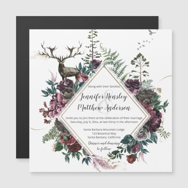 Rustic Burgundy and Grey Floral Geometric Wedding Magnetic Invitation (Front/Back)