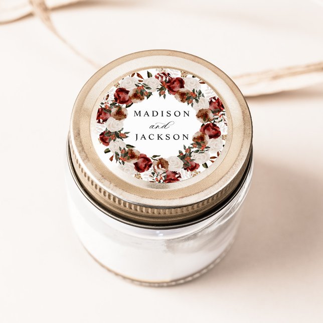 Rustic Burgundy and Ivory Roses Wedding Classic Round Sticker (Creator Uploaded)