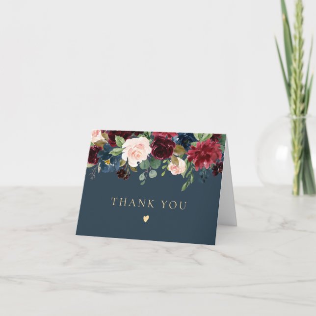 Rustic Burgundy and Navy Blue Floral Thank You Card (Front)