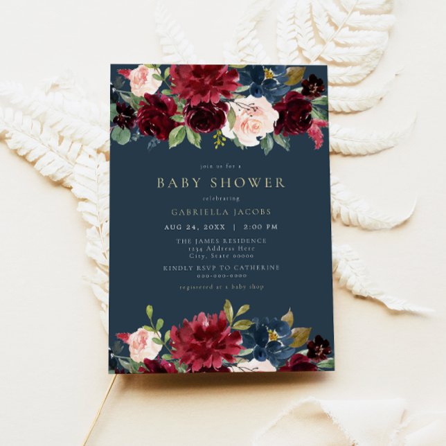Rustic Burgundy and Navy Floral Baby Shower Invitation (Creator Uploaded)