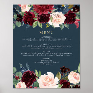Rustic Burgundy and Navy Floral Dinner Menu Poster
