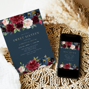 Rustic Burgundy and Navy Floral Sweet 16 Invitation