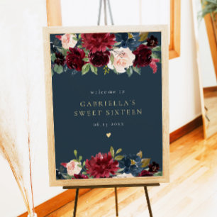 Rustic Burgundy and Navy Floral Sweet 16 Welcome Poster