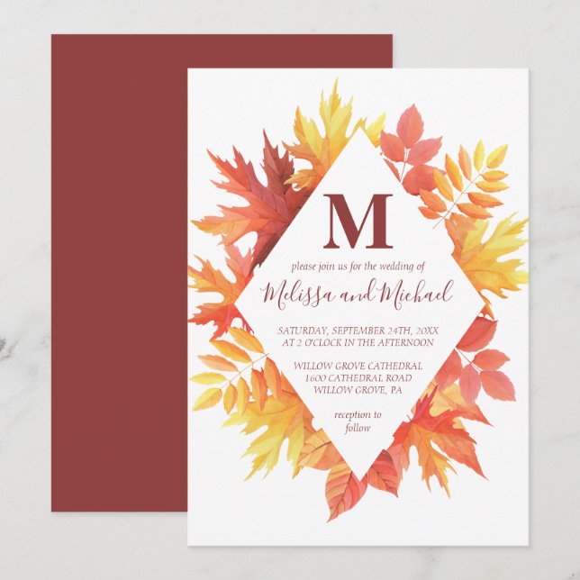 Rustic Burgundy and Orange Fall Leaves Wedding Invitation (Front/Back)