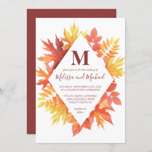 Rustic Burgundy and Orange Fall Leaves Wedding Invitation