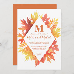 Rustic Burgundy and Orange Fall Leaves Wedding Invitation
